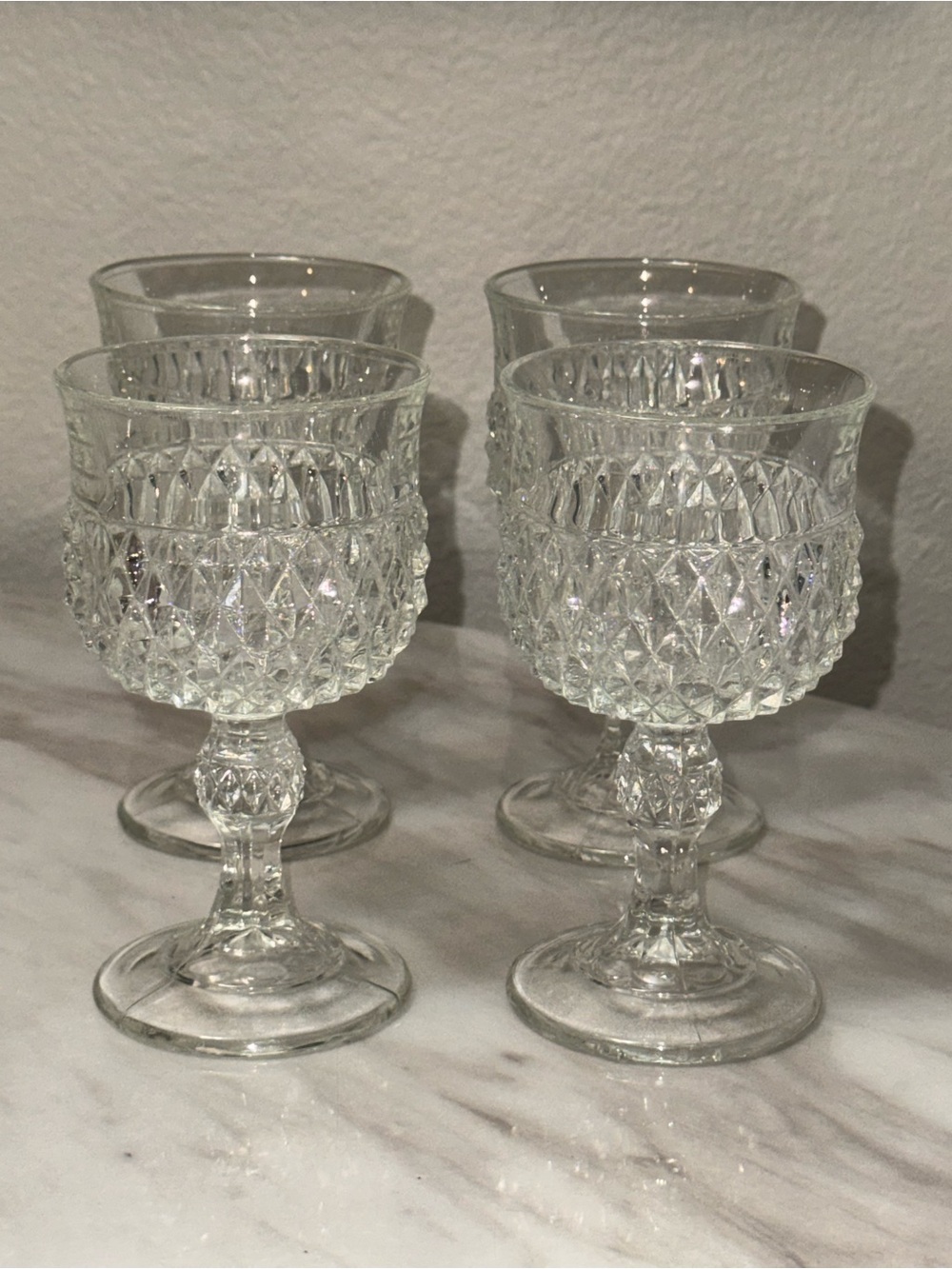 Indiana Glass Diamond Point Water Goblets 6.5 inch Thick Heavy Set of 4 vintage
